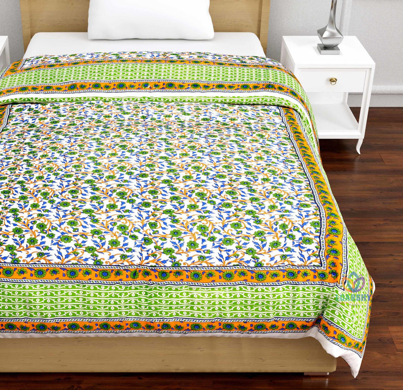 HOPEE SHOP Jaipuri Pure Cotton Razai Garden Flower Print Single Bed Rajasthani Quilt, Light Weight Reversibal Multi Green Rajai (Size 55x85 inch)