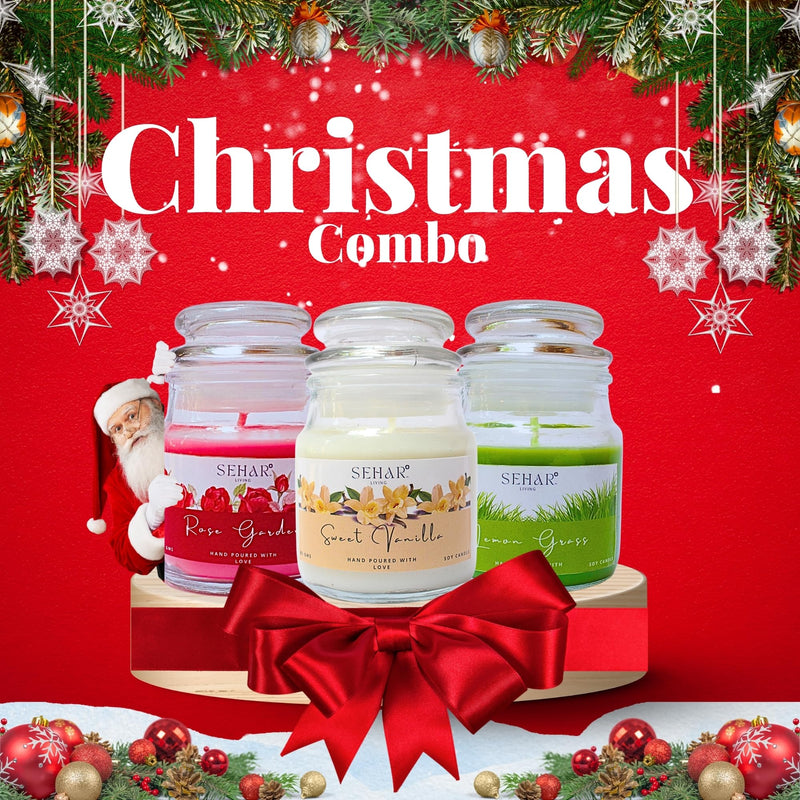 Sehar Living Fragrance Jar Candles Christmas Combo | 85 GMS Each | Pure Soy Wax | Burn Time - 18-20 Hours Each | Reusable Glass Jar | Hand Poured (Rose Garden, Sweet Vanilla & Lemongrass)