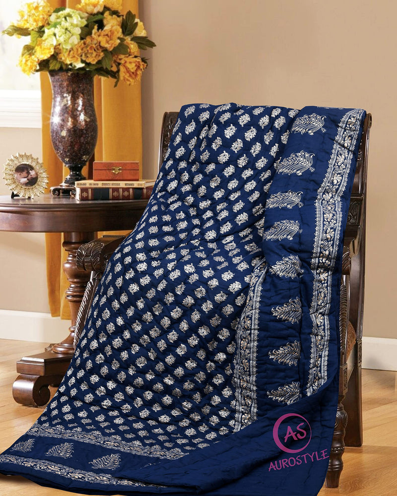 THROWS HOME DECOR 400 TC Double Bed Organic Cotton Jaipuri Razai Bed Blanket Ac Quilt for Winter and Summer Soft Light Weight Rajasthani Traditional Rajai 85 x 100 inch Blue, Pack of 1