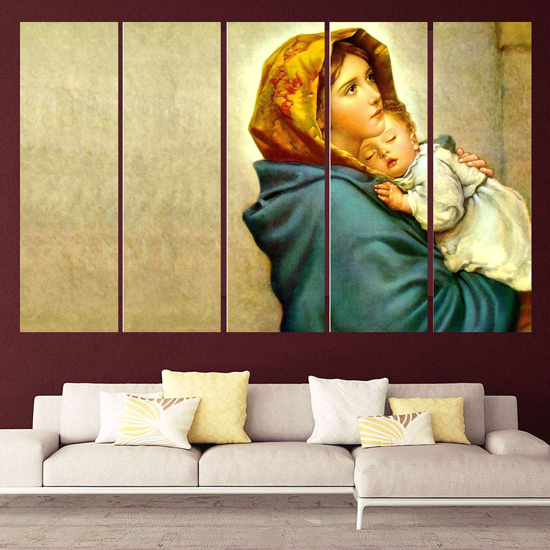 KYARA ARTS Multiple Frames, Beautiful holy Mother with Child Christian Wall Painting for Living Room, Bedroom, Office, Hotels, Drawing Room Wooden Framed Digital Painting (76cmx148cm)