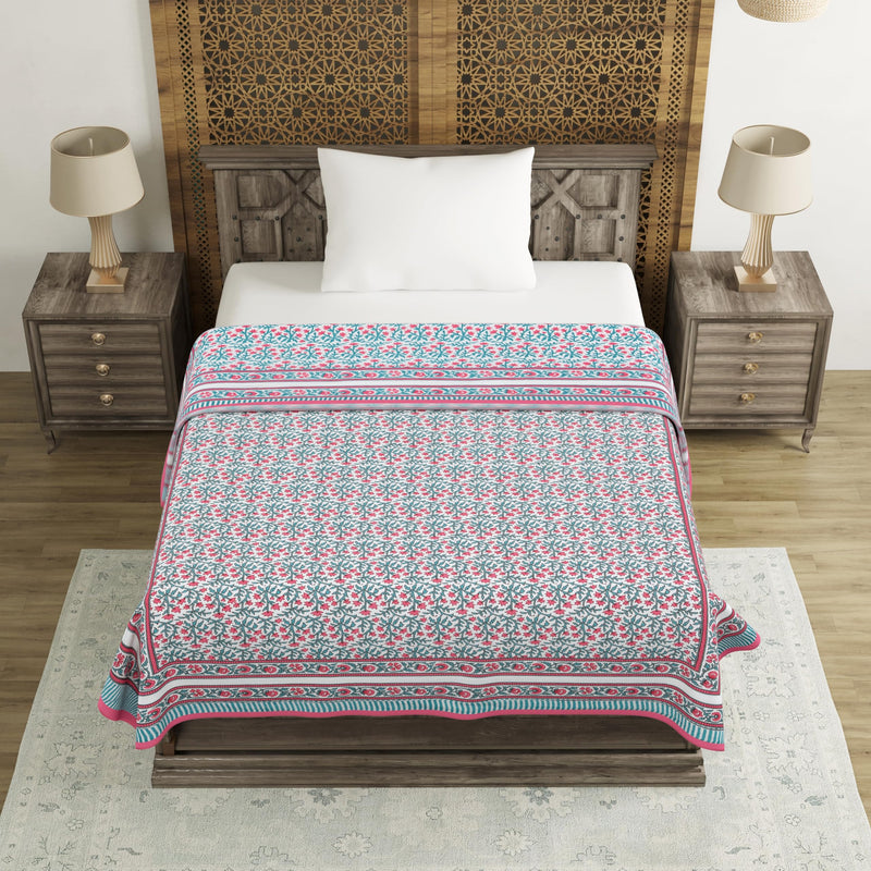 BLOCKS OF INDIA Hand Block Printed Cotton Single Size Reversible Malma Dohar For Summer (Turquoise Pink Jaal, 200 Tc)