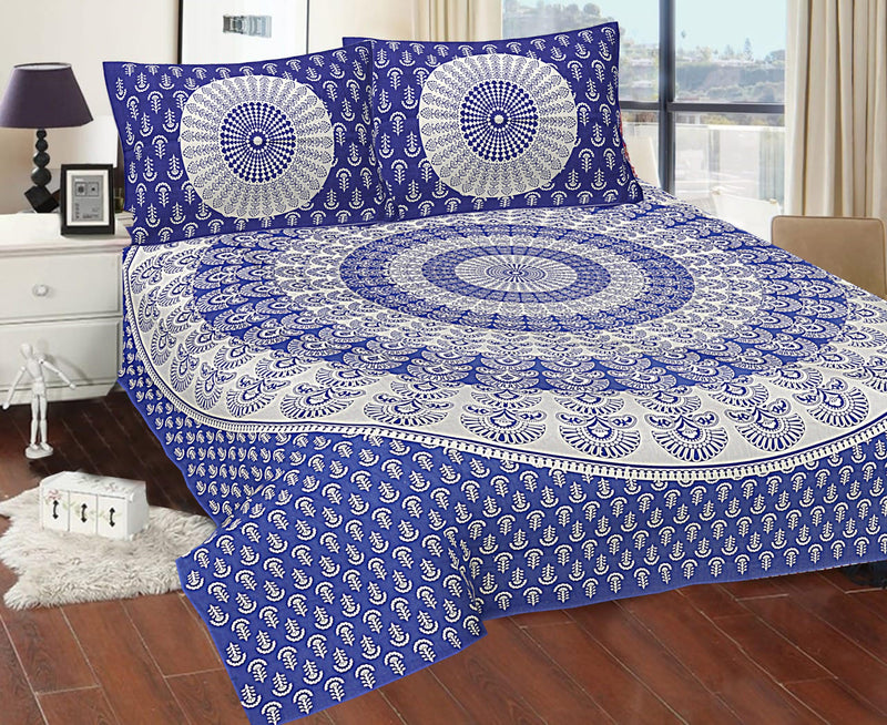 JAIPUR PRINTS 100% Cotton Traditional Floral Jaipuri Printed Bedsheet for Double Bed King Size with 2 Pillow Covers - Blue001