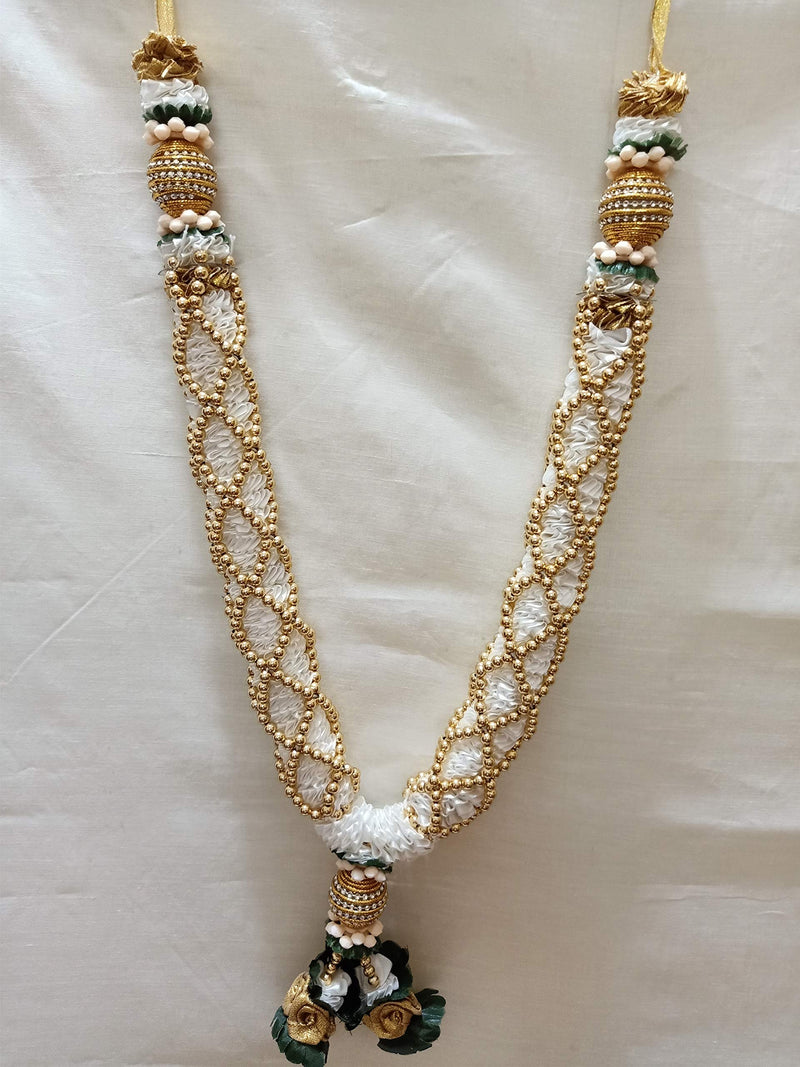 Sri Sainath Enterprises White with Gold Balls Chain with Golden Stone Ball with Jasmine Flowers Garland Length - 45 cm