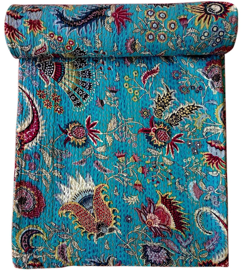 Textile Work Creations Kantha Quilt Bed-Cover Throw and Cotton Blanket Twin Size-Kantha Quilt Handmade Singel