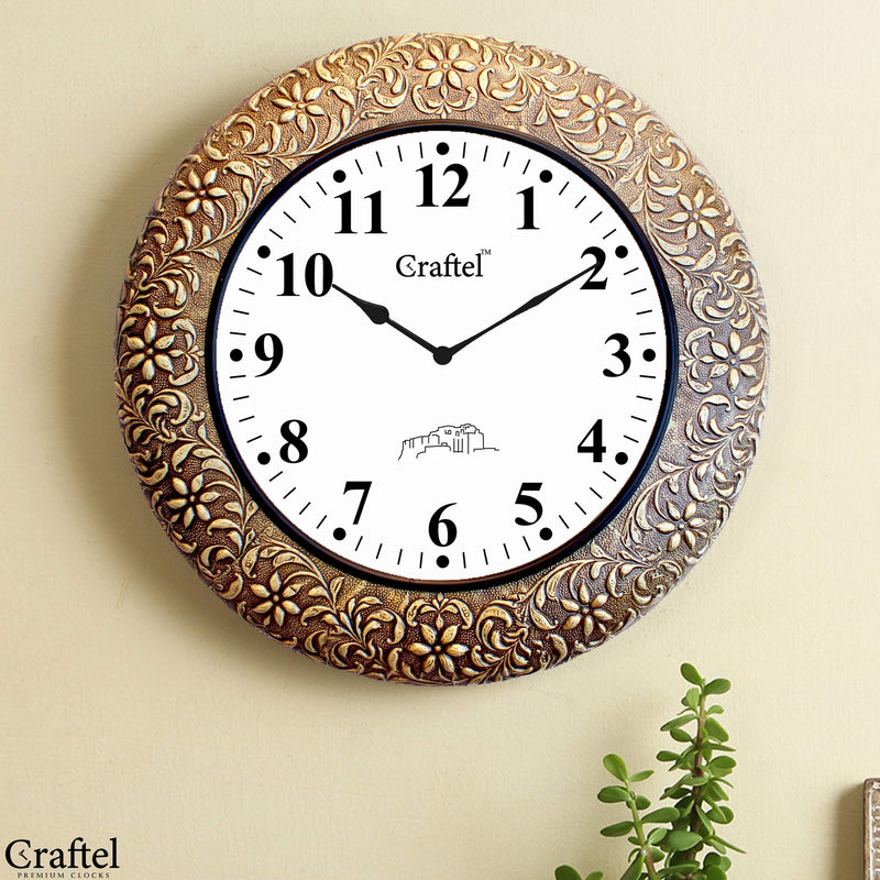 Craftel Brass Embossed Analog Clock Wall Clock Round Classic Clock for Living Room Home and Office (18 x 18 inch, Brown)