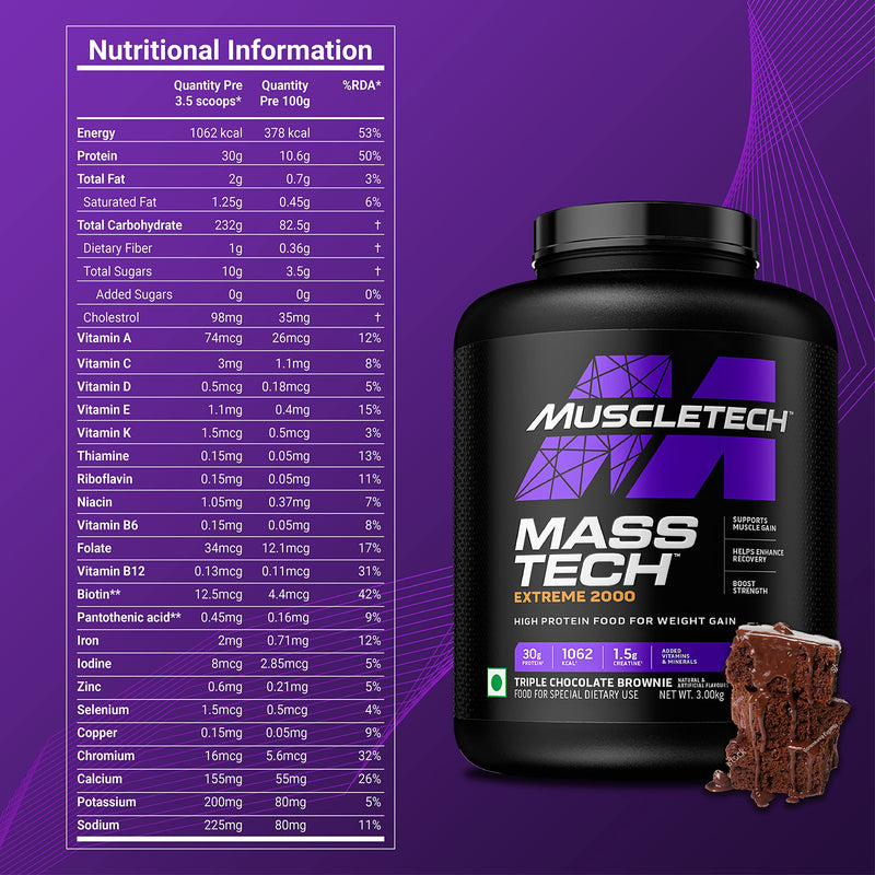 MuscleTech Veg Mass Gainer-Triple Chocolate Brownie (3Kg Powder(10 Servings)-MassTech Extreme 2000 High Protein Food For Weight Gainer (30g Protein, 1073 Kcal,1.5g Creatine & Added Vitamin,Minerals)