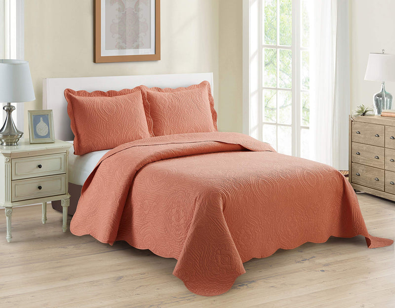 Home Collection 3pc King/Cal King Over Size Luxury Embossed Bedspread Set Light Weight Solid Coral New