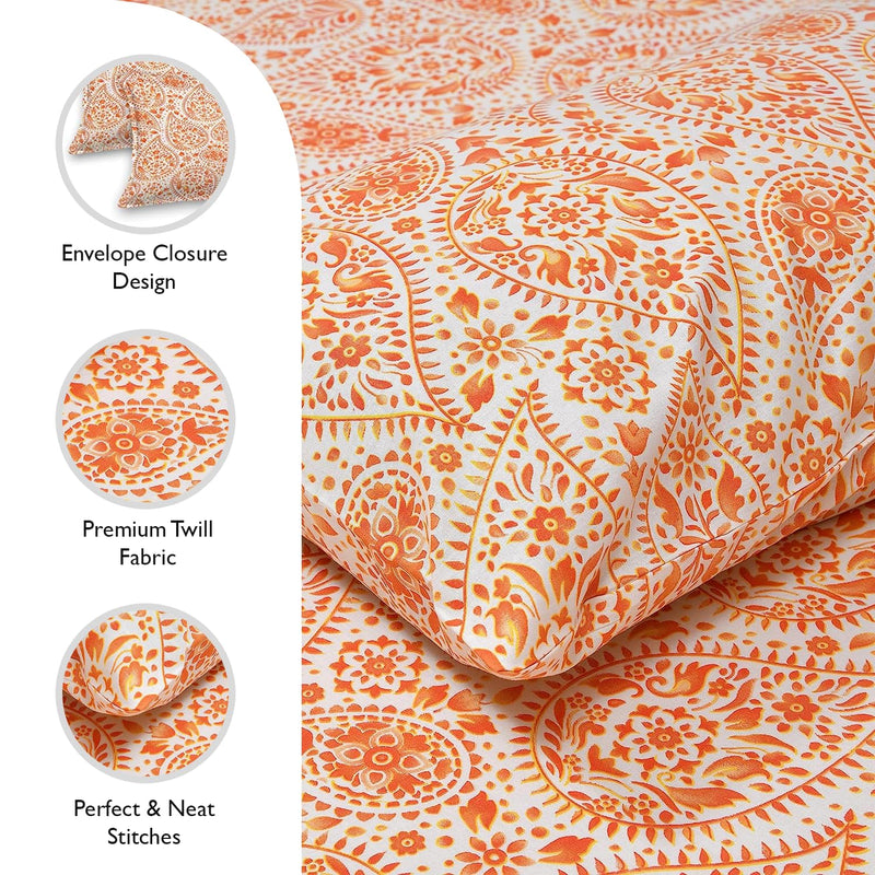 LINENWALAS 100% Cotton Twill Weave All-Around Elastic Fitted Bedsheet with 2 Pillow Covers for Double Size Bed - 200 TC, Soft Durable & Economical Printed Sheets (72x72 Inch, Paisley Drop Orange)