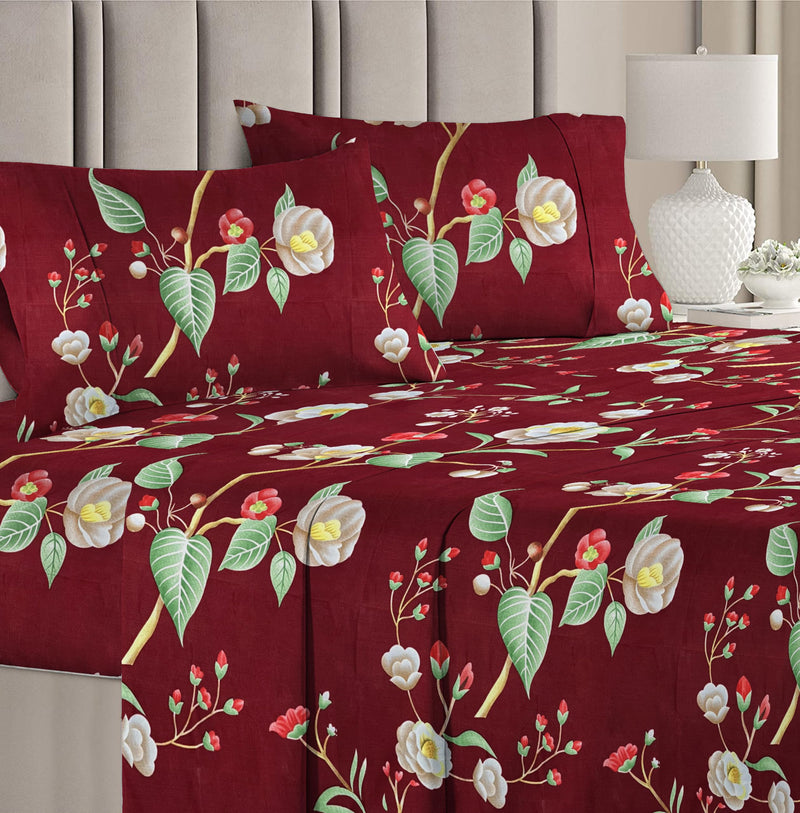 BSB HOME Microfiber 144 TC Aspire 3.O Collections Soft Breathable Wrinklefree Floral Printed Double Bedsheets with 2 Pillow Covers, Color Maroon