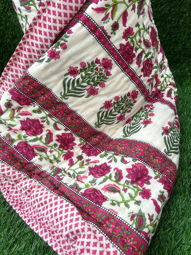 FABDESIGN QUILTS Jaipuri Razai Double Bed Rajsthani Traditional Hand Stitched Lightweight Pure Cotton Winter and Summer Jaipuri Ac Quilt Razai/Rajai/Blanket/Comforter - (88X105) Pink-Green