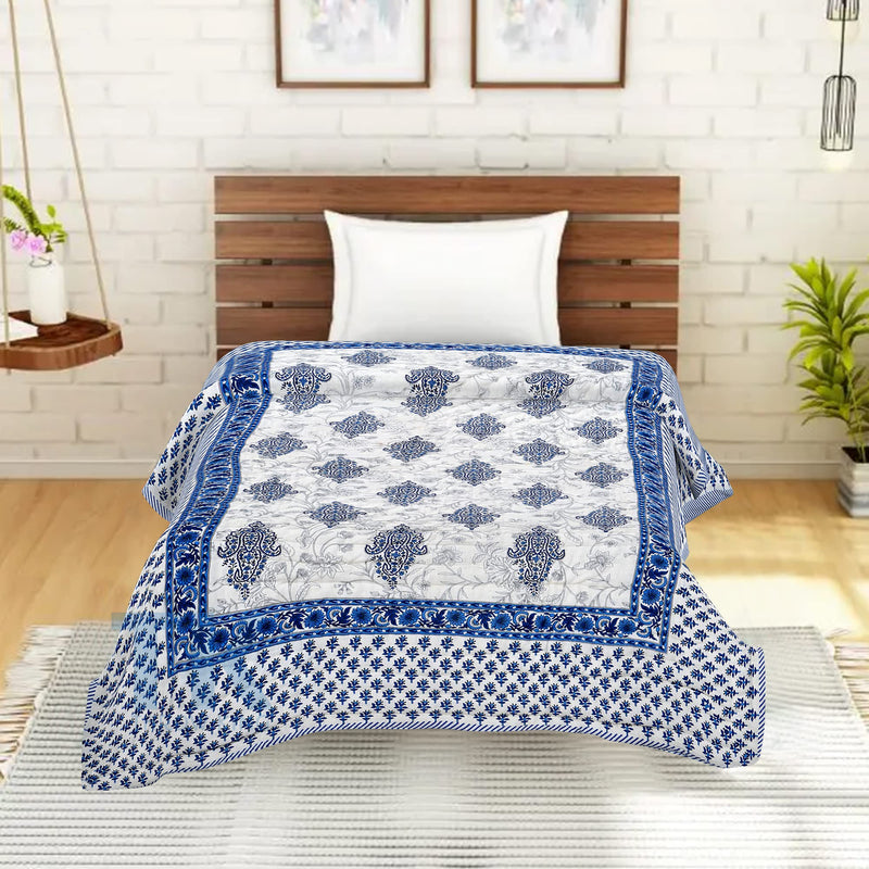 THROW KING Rajasthani Pure Cotton Jaipuri Razai Single Bed Soft Premium Jaipuri AC Quilt/Razai/Rajai Floral Print Single Bed Jaipuri razai Single Bed (60 x 90 inch) (Blue)