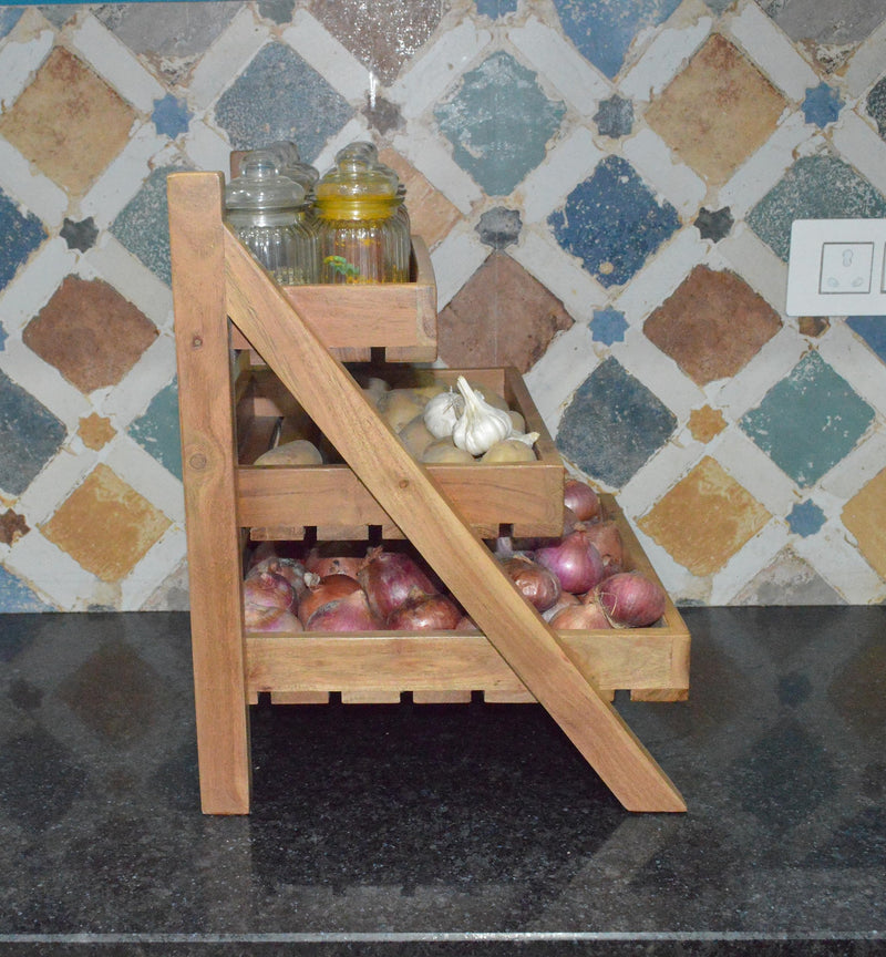 Orchid Homez Solid Wood Veg & Fruit Stand - Multipurpose Kitchen Organizer with Onion Baskets. Sturdy Rack for Kitchen, Perfect Basket for Storage. Durable 3-Layer Storage Unit.