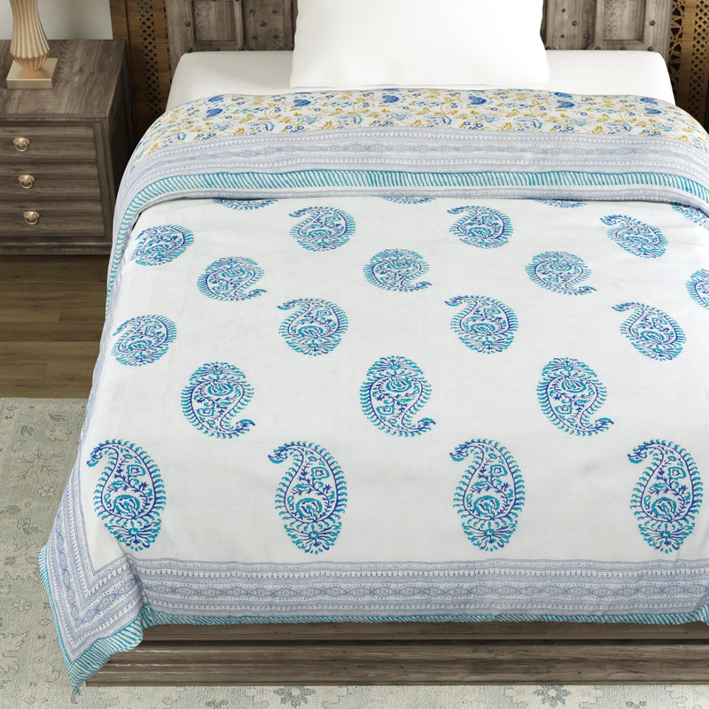 BLOCKS OF INDIA Cotton Single Size Quilt Hand Block Print for Light Winters (60x90 Inches) (Blue JAAL)