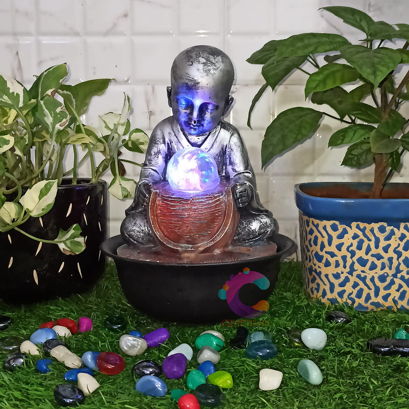 Craftisan™ Polyresin Monk Table Top Indoor Water Fall Fountain with LED Lights Home Decor Decoration Gift Gifting