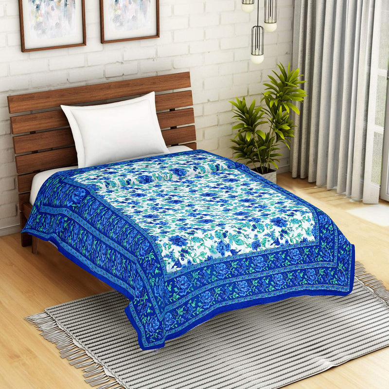 THROW KING Jaipuri Pure Cotton Garden Flower Print Single Bed Razai, Rajasthani Quilt, Reversibal Multi Green Rajai (Size 55x85 inch) (Blue-Garden Flower)