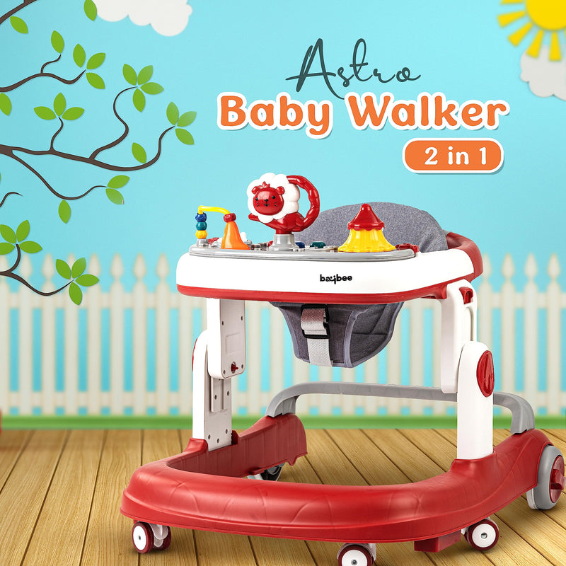 Baybee Astro 2 in 1 Baby Walker- Round Kids Walker with 3 Adjustable Height & Wheel Lock | Kids Activity Push Walker with Musical Toy Bar | 6-18months Boy Girl (Red)