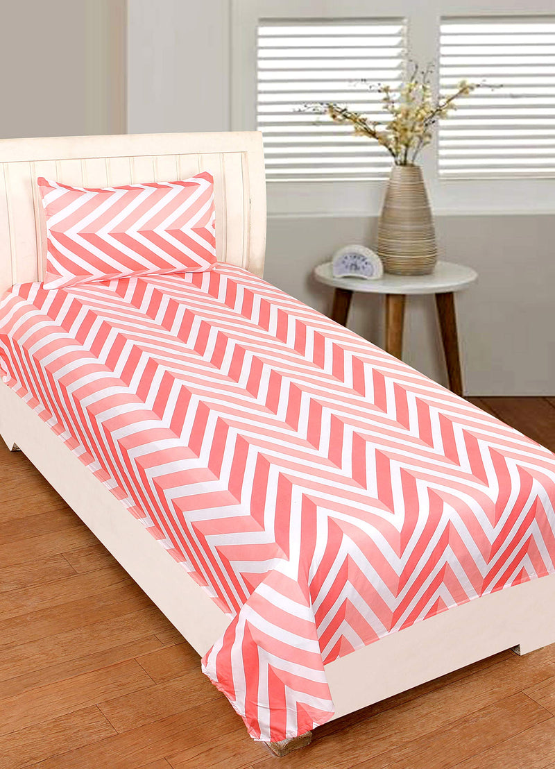 BADOTI Glace Cotton Abstract Printed Single Bed Sheet with Pillow Cover, White, Peach lines