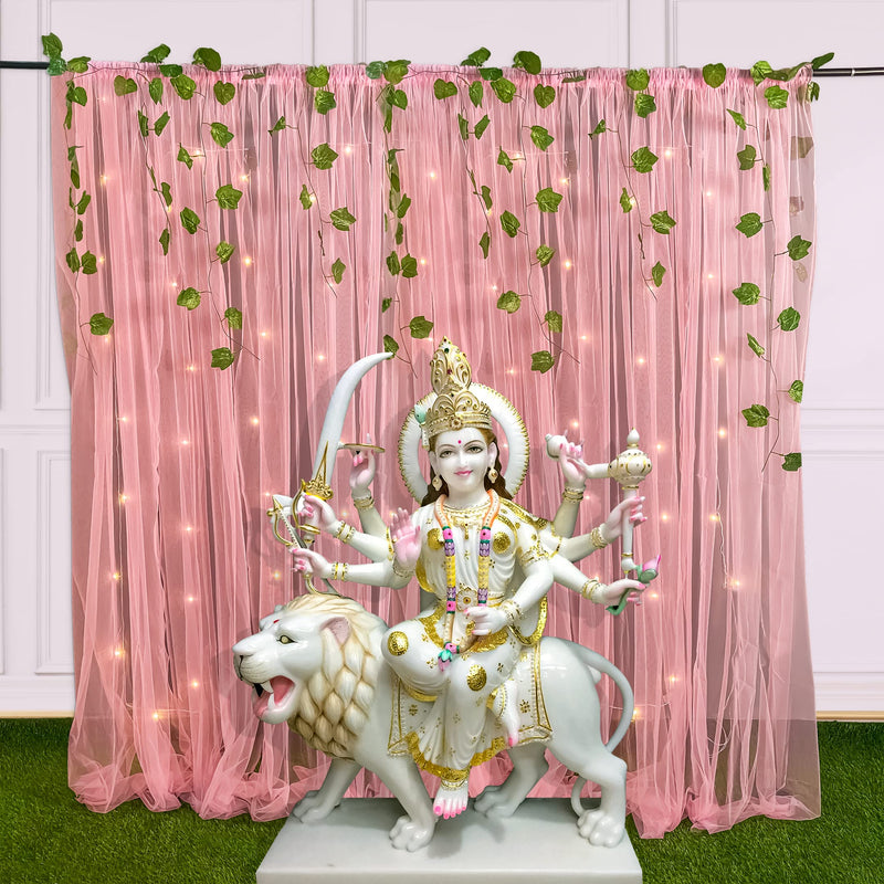 SpecialYou Ganpati Decoration Items for Home Pink Sheer Net Curtain for ganpati Decoration Background with Artificial Green Vines & Fairy Light for Ganesh chaturthi Decoration Items- 10 Items