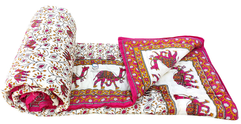 LushHavenDecor Rajasthani Traditional Cotton Jaipuri razai rajai ac Blanket Blue Camel Animal Print with Floral Design Single Bed Jaipuri Quilt 55 x 85 inch (Pink) Reversible (Both Sided)