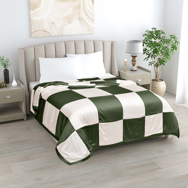 LINENWALAS 100% Bamboo Patchwork Reversible Single Bed Silk Dohar, Soft and Lightweight Blanket, Single (60x90 inches), Avocado Green and Ivory