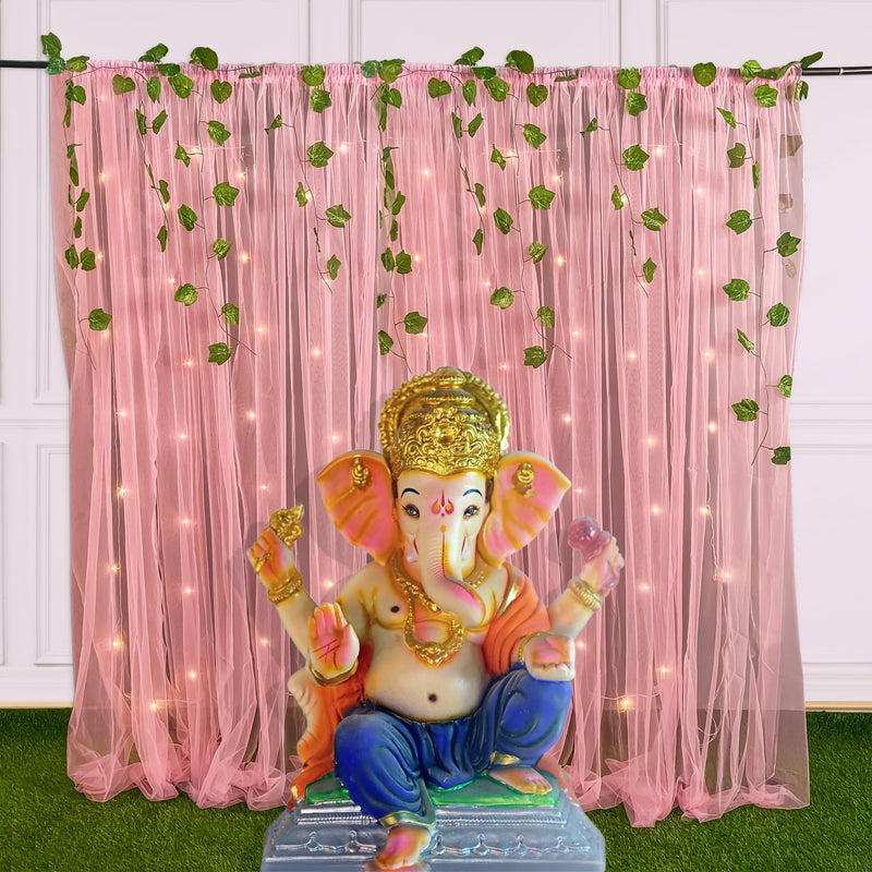 SpecialYou Ganpati Decoration Items for Home Pink Sheer Net Curtain for ganpati Decoration Background with Artificial Green Vines & Fairy Light for Ganesh chaturthi Decoration Items- 10 Items