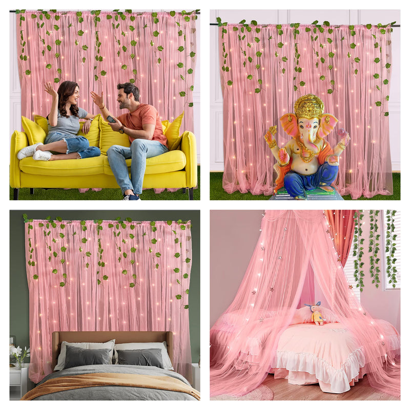 SpecialYou Ganpati Decoration Items for Home Pink Sheer Net Curtain for ganpati Decoration Background with Artificial Green Vines & Fairy Light for Ganesh chaturthi Decoration Items- 10 Items