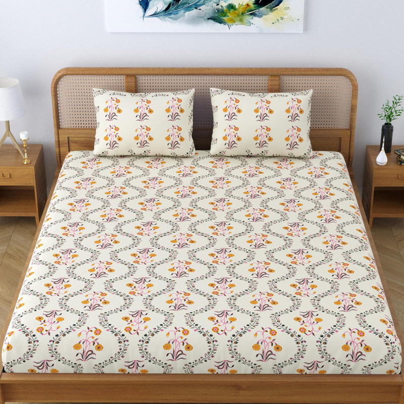 SheetKart Pure Cotton Floral Printed Jaipuri Bedsheet for Double Bed King Size with 2 Pillow Covers - Yellow Lily