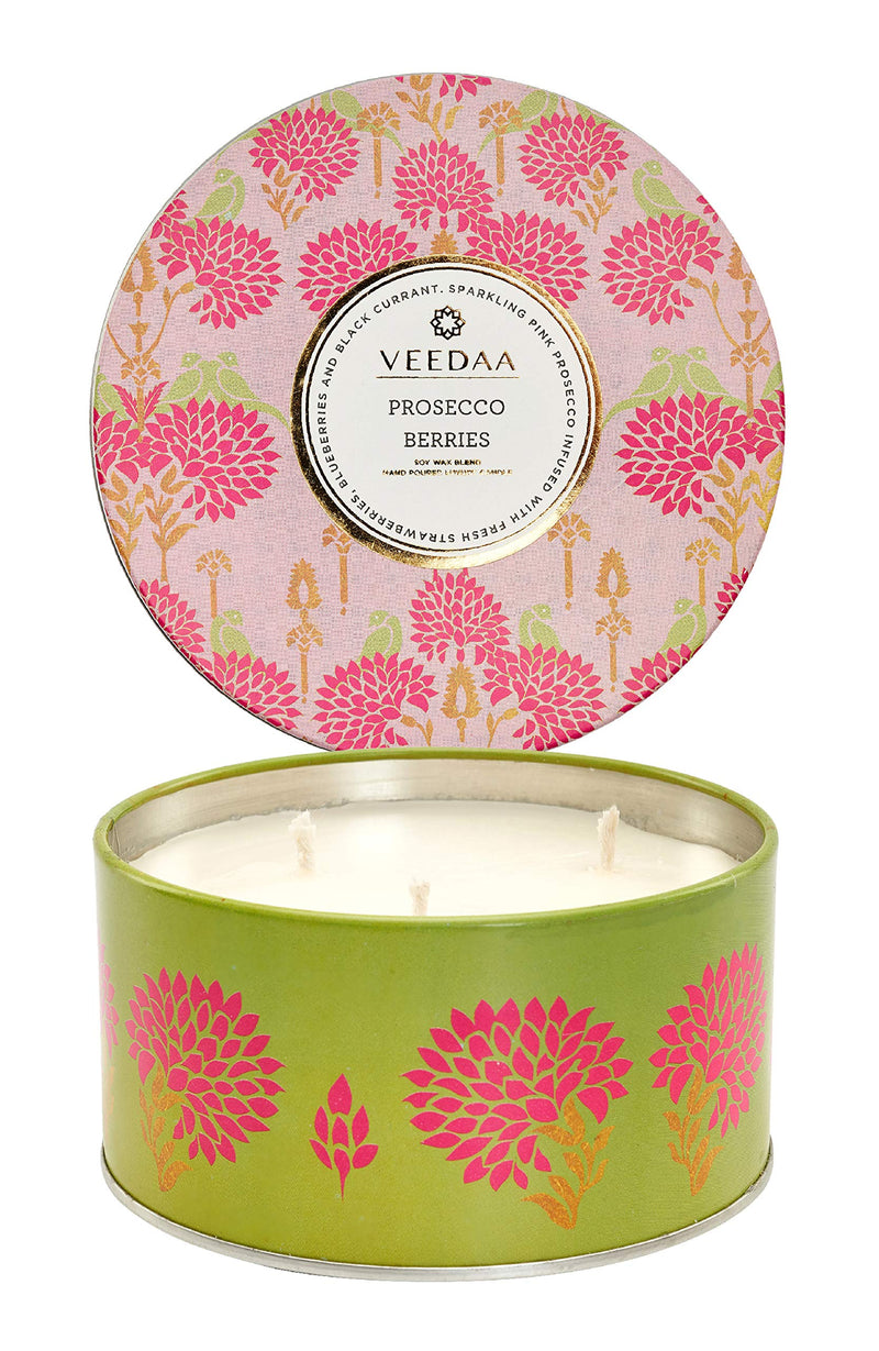 VEEDAA Prosecco Berries 3 Wick Tin Soy Scented Candle (Burns 40 Hours)