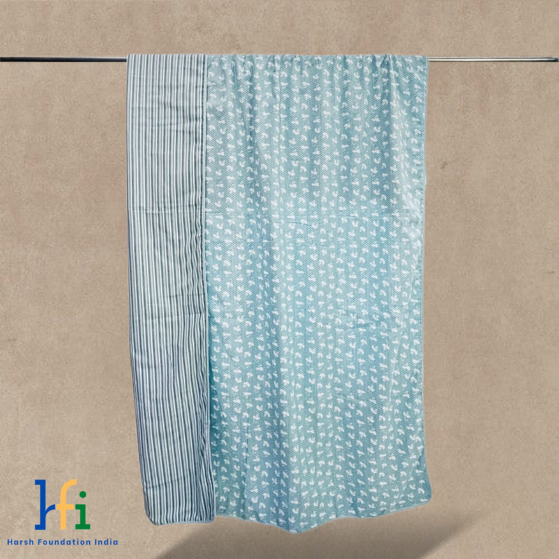 Harsh Foundation India (HFI Single Bed 100% Organic Cambric Cotton Reversible Dohar/Topsheet for Summer/AC Room, Gentle & Lightweight (SkyBlue, Striped Abstract Print) Handcrafted Premium Dohar