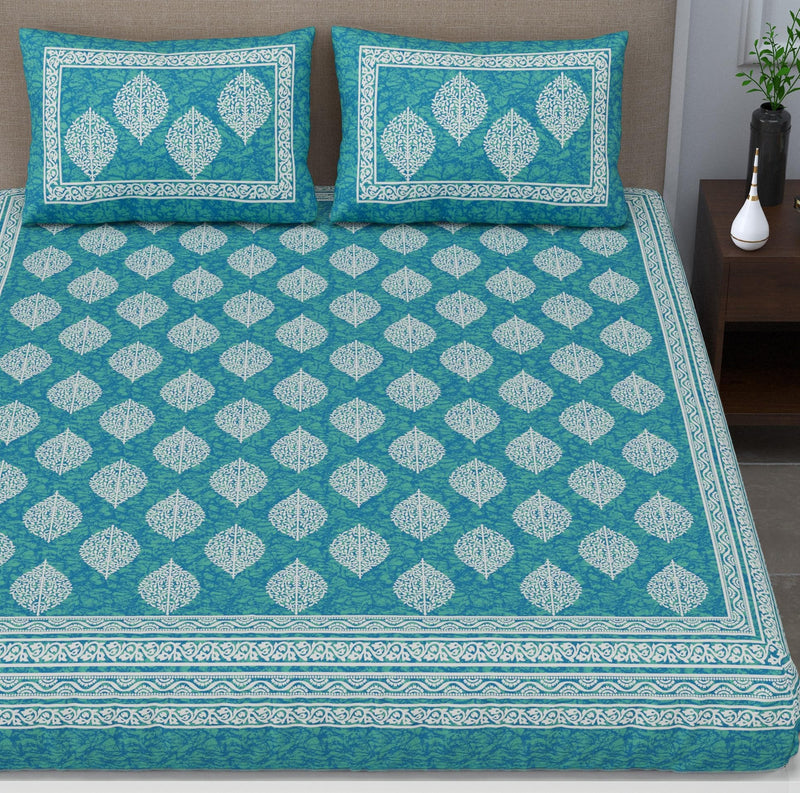 SheetKart Floral 144 TC Cotton Double Bedsheet with 2 Pillow Covers - Sea Green