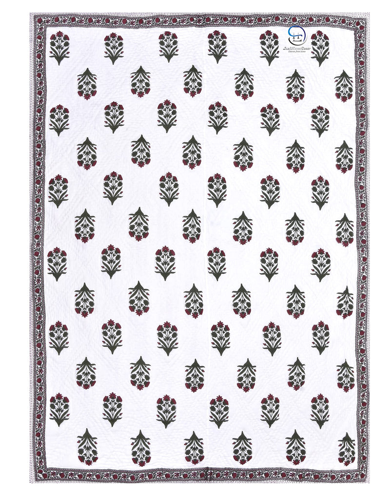 WORLDNEX 400 TC Jaipuri Light Weight Pure Cotton Traditional Hand Block Big Flower Print Double Bed Quilt/Razai/Rajai (White & Green, 90 x 105 Inches, Double Bed)