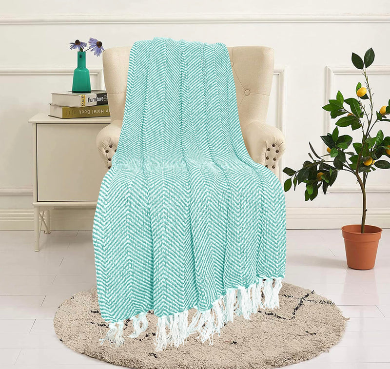 SAJAVAT HOME Hand-Knitted Pure Cotton Sofa Throw | Decorative Throw for Living Room, Bedroom, Sofa & Chair | Sky Blue with Tassels | 82x52 Inches / 208x132 CMS | Pack of 4