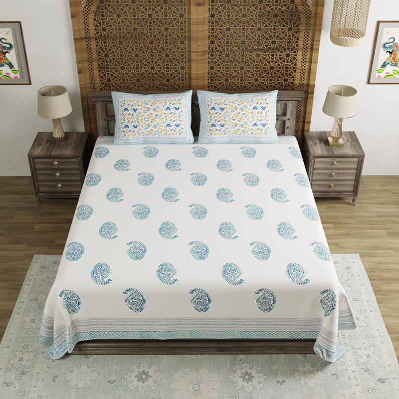 BLOCKS OF INDIA Hand Block Printed 200 TC Cotton King Size Bedsheet (Blue Paisley)