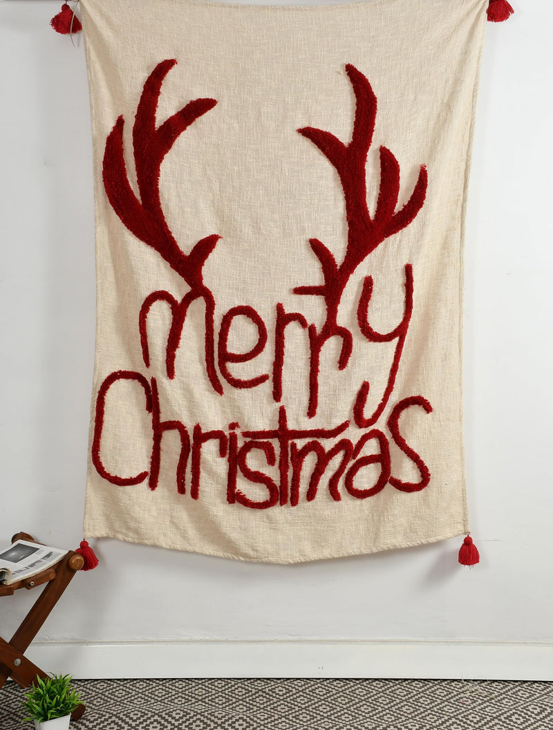 Mansa Enterprises Christmas Throw Boho Throw Christmas Tufted Blanket Cotton Throw Decorative Christmas Blanket Christmas Deer Throw Blanket Tufted Deer Throw Merry Christmas Blanket