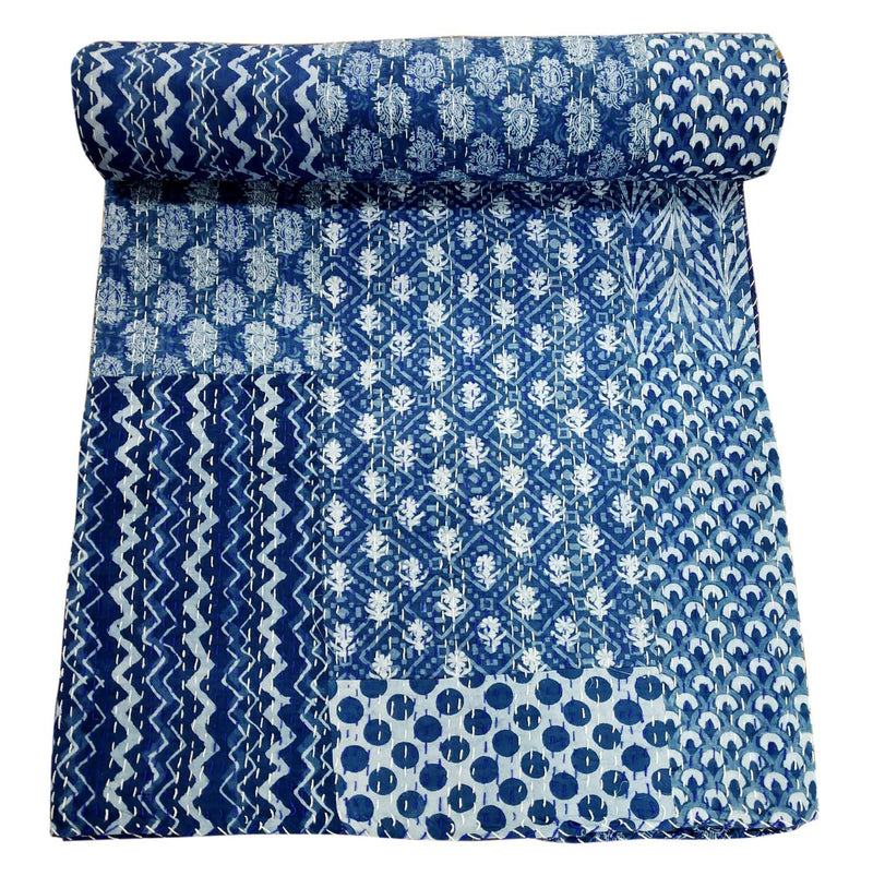 Kirti Textiles and Handicraft Indigo Patch Work Cotton Handmade Block Print Kantha Blanket (Blue, 90x108 Inch)