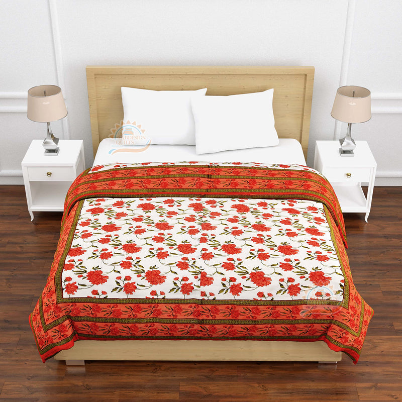 LOARSHY Pure Cotton Hand Floral Palm Printed Quilt | Lightweight and Warm Jaipuri Rajasthani Double Bed Razai | Soft Razai for Winters | Gift Item for Family and Friends (Orange, Pack of 1)