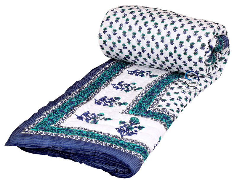 LushHavenDecor Rajasthani Traditional Cotton and Microfiber Jaipuri razai ac Blanket booti Print with Boarded Design Single Bed Reversible (Both Sided) Jaipuri Quilt 55 x 85 inch - Blue