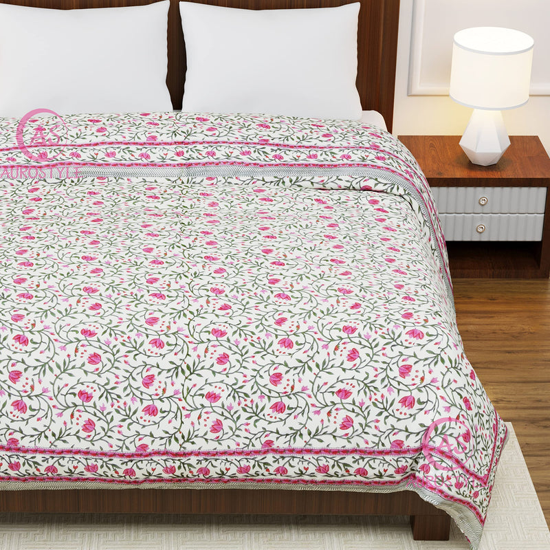 AUROSTYLE 400 TC Pure Cotton Double Bed Soft Jaipuri AC Quilt/Razai/Rajai Floral Print,Jaipuri razai Double Bed for Winter Printed,( Pink & Green, 85 x 100 inch, Double Bed), breathable