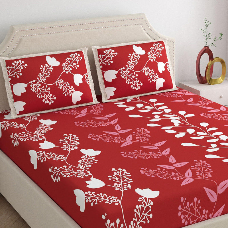 Home Ecstasy 100% Cotton Double Bedsheet for Double Bed, 140 TC, 1 Bed Sheet (Size 86 x 94 inches) lace Outline with 2 Pillow Covers, Red