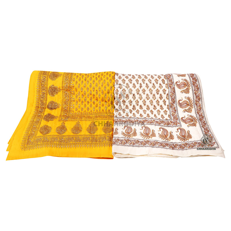 CHHAARODIYA® Jaipuri Rajasthani Traditional Light Weight Pure Cotton Single Bed Soft Jaipuri AC/Winter Quilt/Razai Floral Yellow & Whait Print (Size 55 X 85 inch Stitch Including) Set of 2