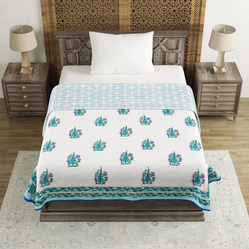 BLOCKS OF INDIA Hand Block Printed Cotton Summer Single Size Reversible Printed Malmal Dohar (Blue Buta)