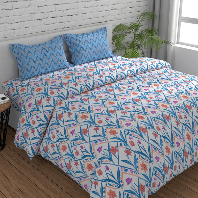 Huesland by Ahmedabad Cotton 144 TC Bedsheet for King Size Bed with 2 Pillow Covers | Botanical Chevron | 108 by 108 inch | Blue, Yellow & White