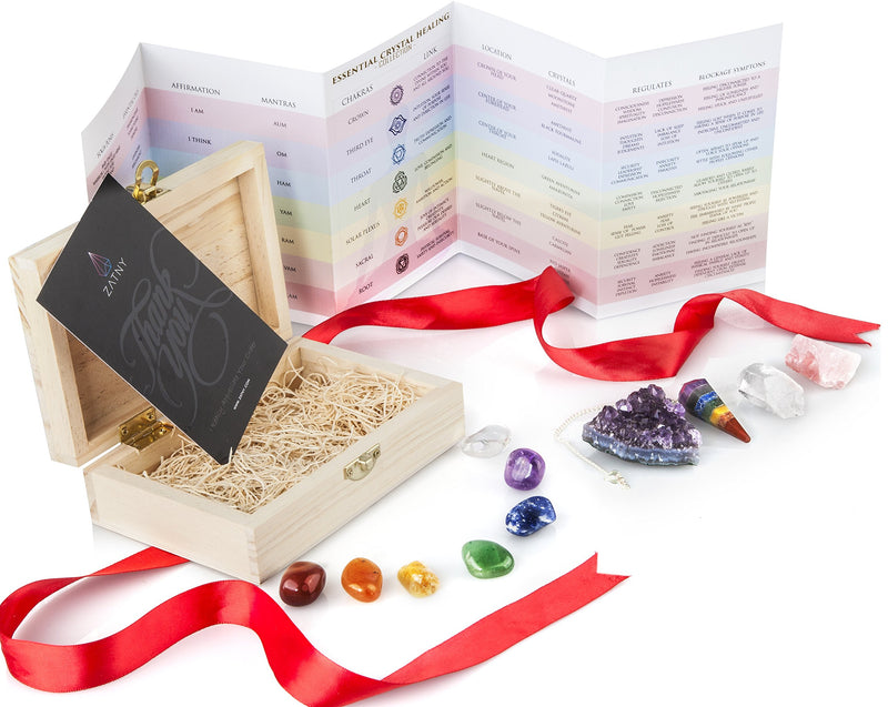 ZATNY Healing Crystals Gift Kit in Wooden Box (7 Chakra Set Tumbled Stones, Rose Quartz, Amethyst Cluster, Crystal Points, Chakra Pendulum, 82 Page E-Book, 20x6 Reference Guide Poster)