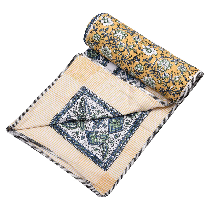 Jaipur Dohar Pure Cotton Dohar (Slim Quilt), Block Print Single Bed Blanket (Winter / All Seasons dohar) Reversible Traditional Rajasthani Cotton Blanket , Size 60" x 90" (Quilt Comforter Blanket Dohar)(Green Blue Yellow Floral)