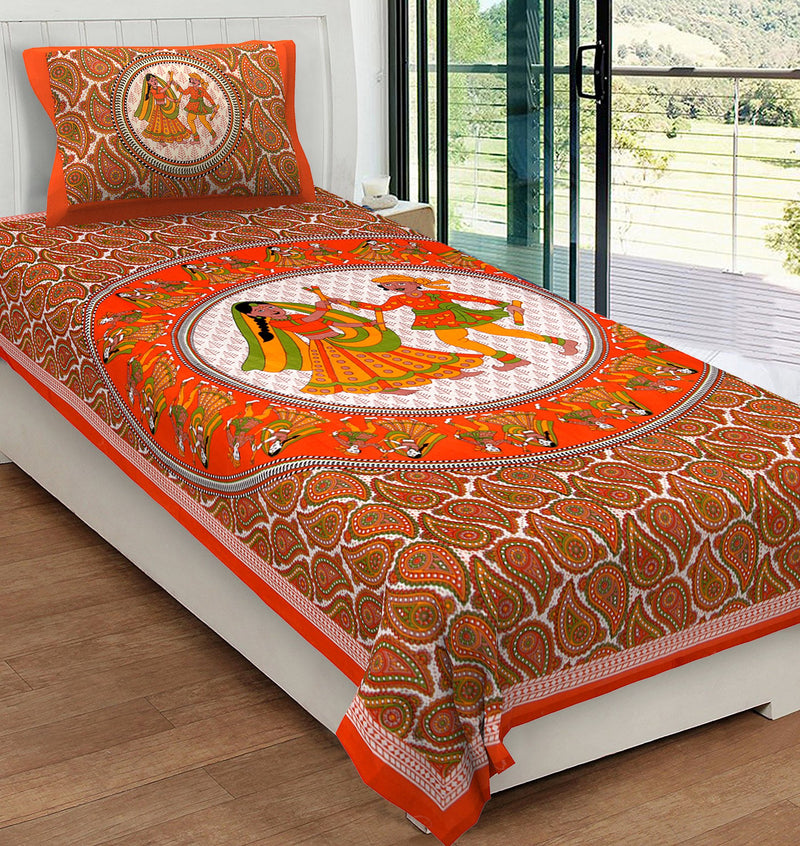 RajasthaniKart Pure Cotton 144 TC Single Size Bed Sheet with 1 Pillow Cover - Bedsheet for Single Bed (Orange, Single Bedsheets Cotton,160)