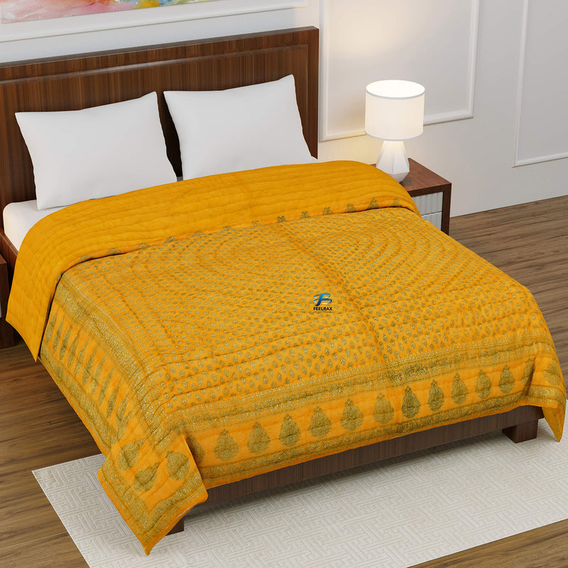 Woodsy Jaipuri Razai Rajasthani Traditional Double Bed Pure Cotton Winter and Summer Rajai (Yellow)