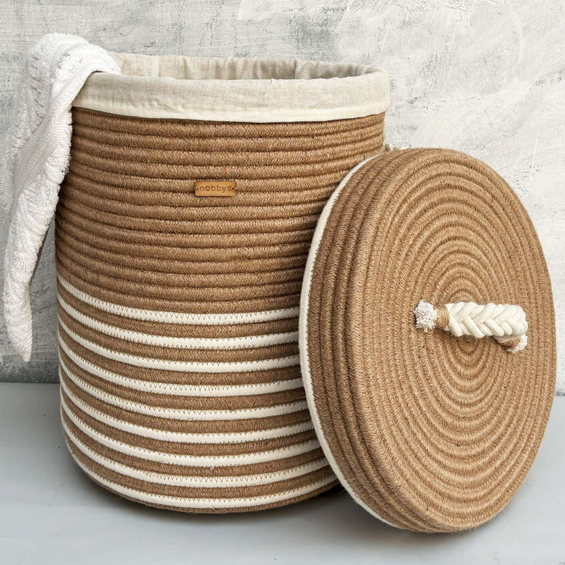 Nobbys Jute Cotton Striped Laundry Basket with Lid and Bottom Spacers (14"D x 18"H) - (2024 Edition)