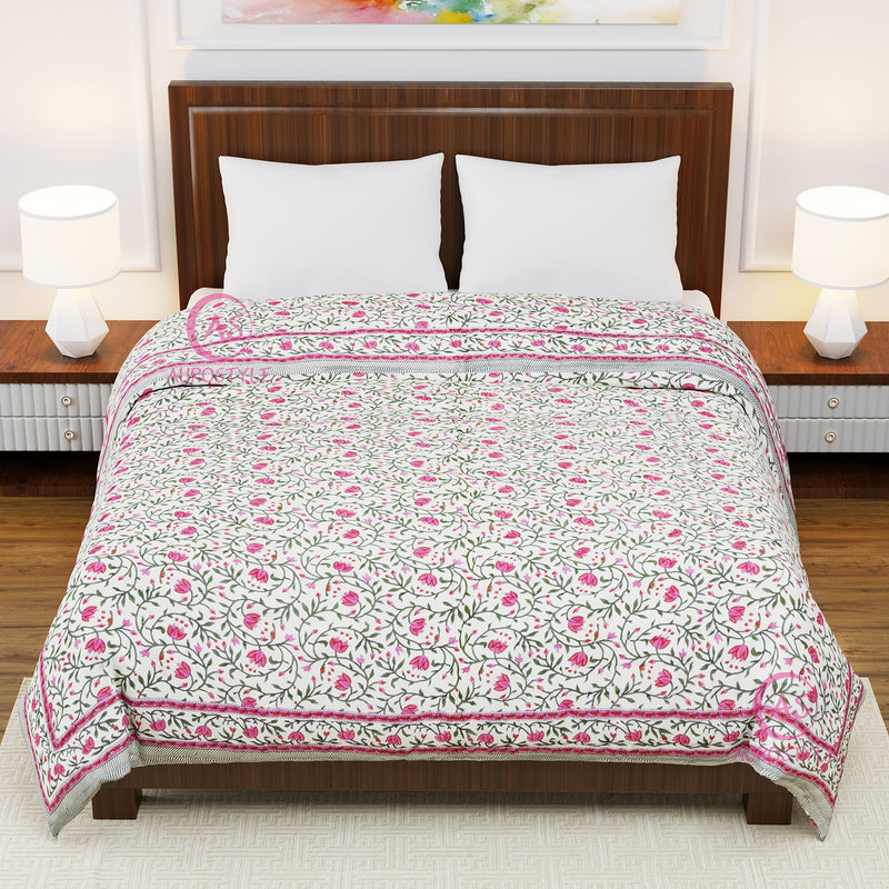 AUROSTYLE 400 TC Pure Cotton Double Bed Soft Jaipuri AC Quilt/Razai/Rajai Floral Print,Jaipuri razai Double Bed for Winter Printed,( Pink & Green, 85 x 100 inch, Double Bed), breathable