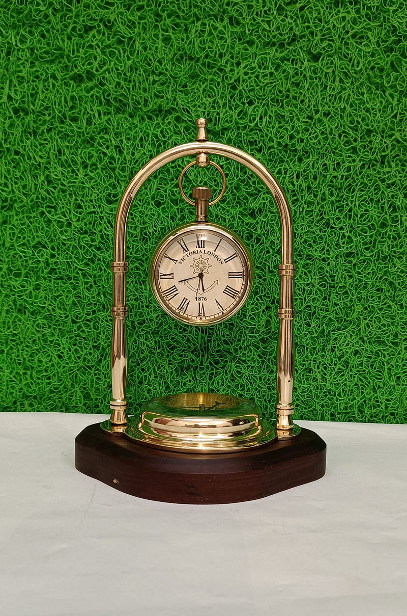 SOHRAB NAUTICALS Antique Brass Hanging Table Watch with Directional Compass Full Brass for Your Office Table & Home Decor and etc, Size L=12.5 H=15.5 CM and dial Compass & Watch Size 5cm