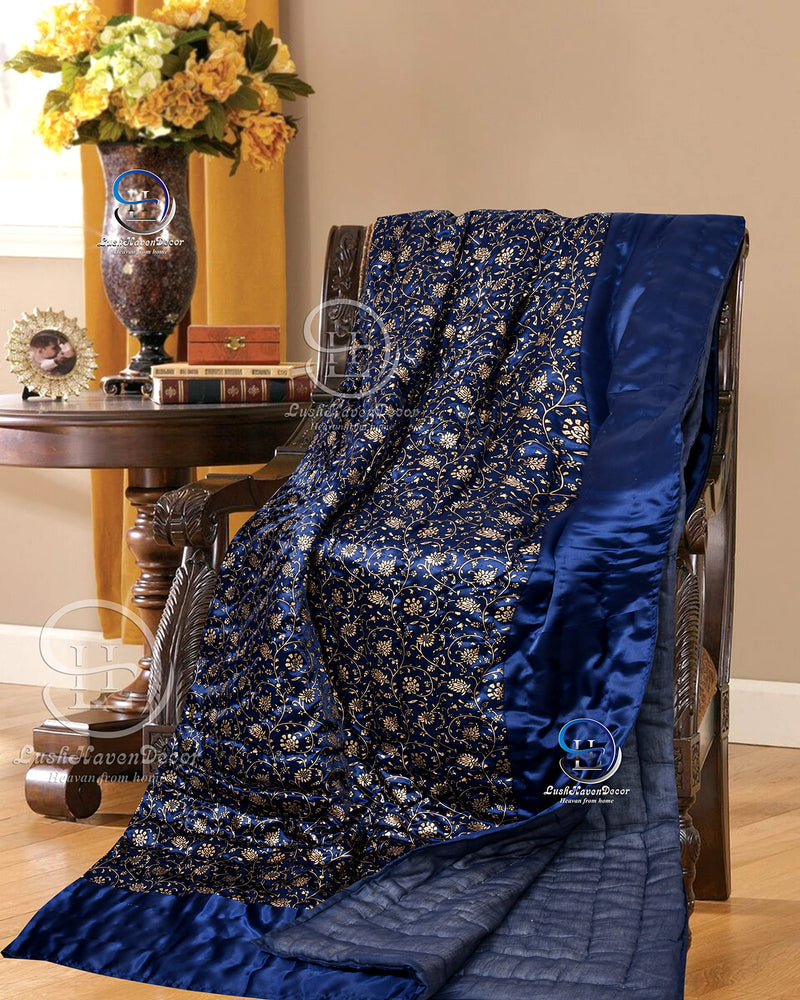 LushHavenDecor Rajasthani Traditional Cotton Light Weight Silk Double Bed Floral Print Design Soft Jaipuri AC Quilt with Gold Print (85X100 inch, Blue)